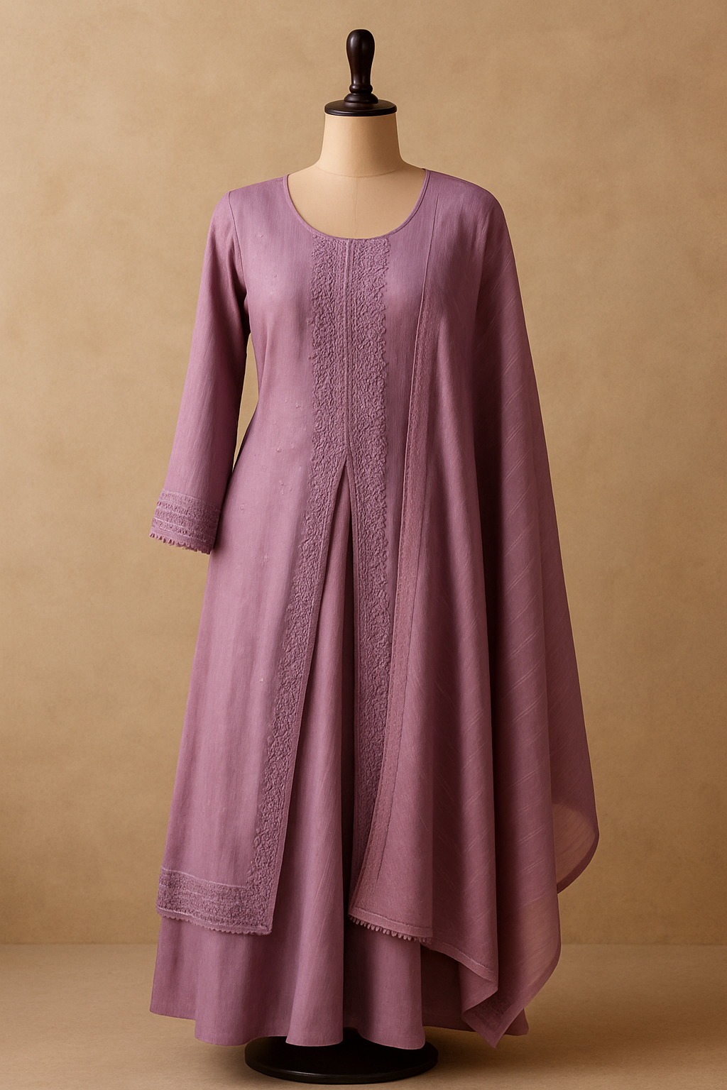 Dusty Mauve Flared Anarkali Set with Subtle Thread Embroidery & Dupatta