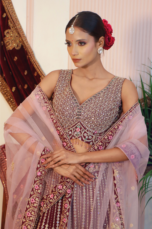 Wine Zari Sequin Crop Top Lehenga