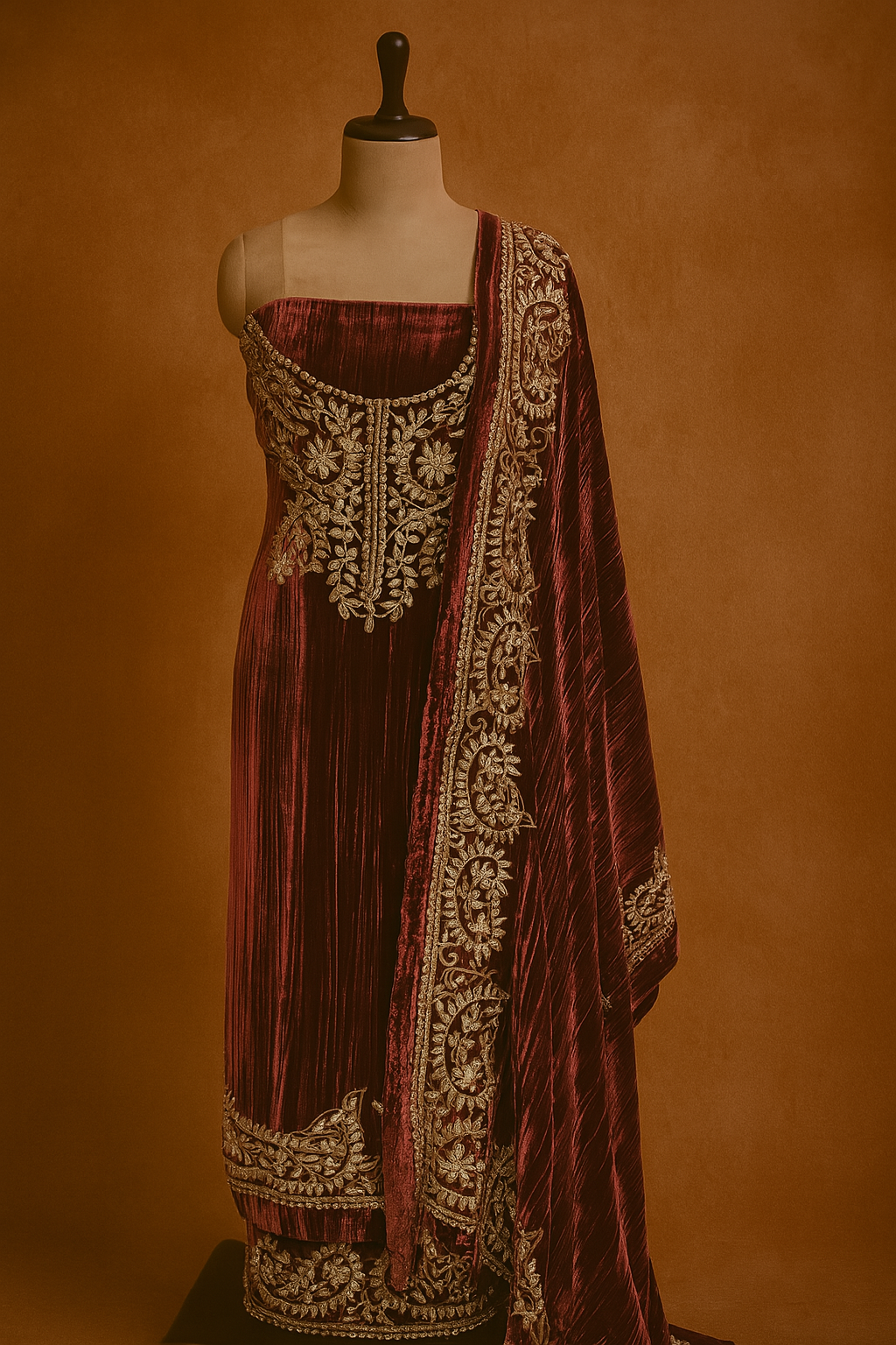 Velvet Elegance: Wine Mirror & Dori Work Suit Set