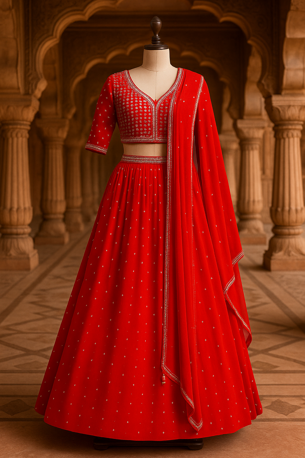 Red Georgette Crop Top Lehenga