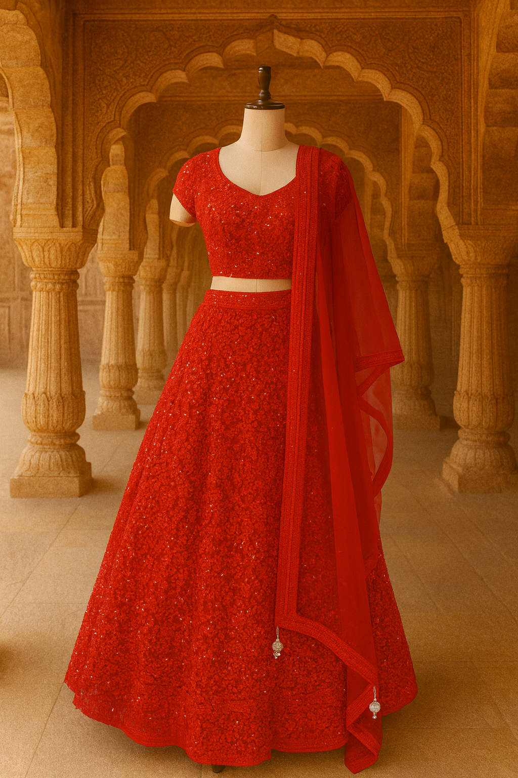 Radiant Red Bridal Net Lehenga