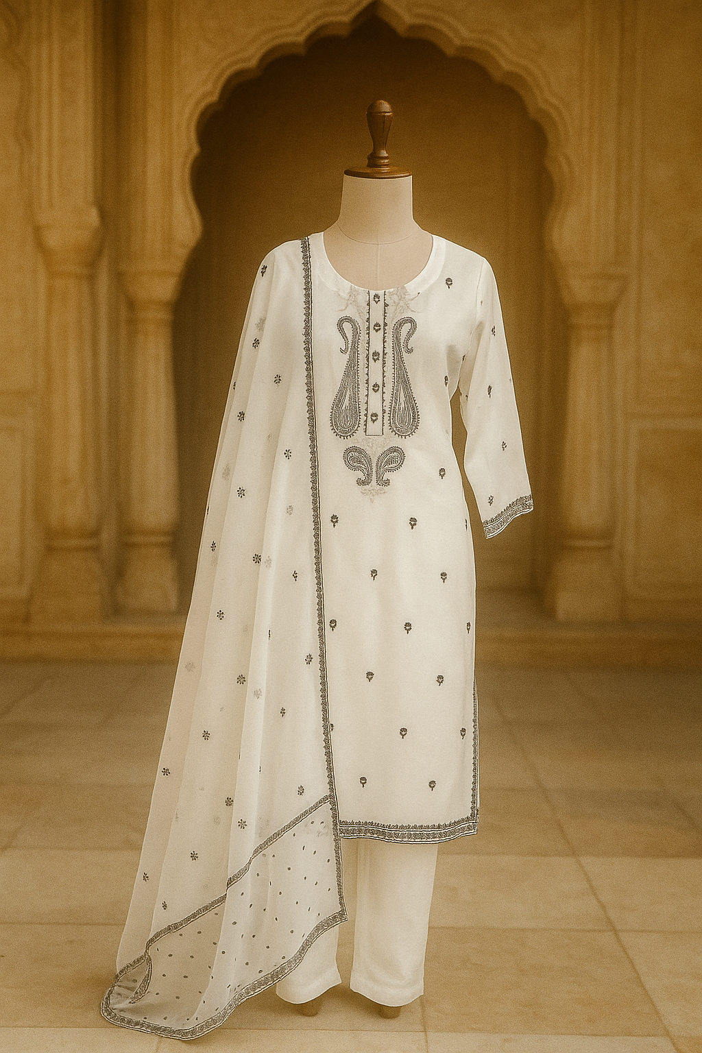 Elegant Off-White Organza Silk Stitched Suit