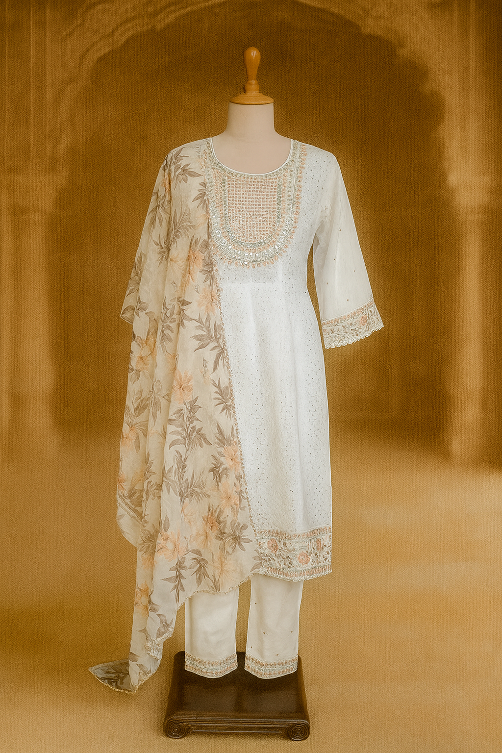 White Kurti with Pant & Net Dupatta
