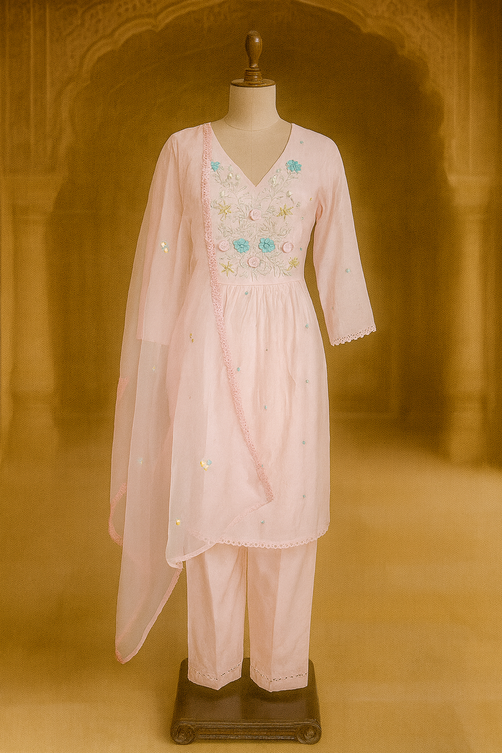 Pink Kurti with Pant & Net Dupatta