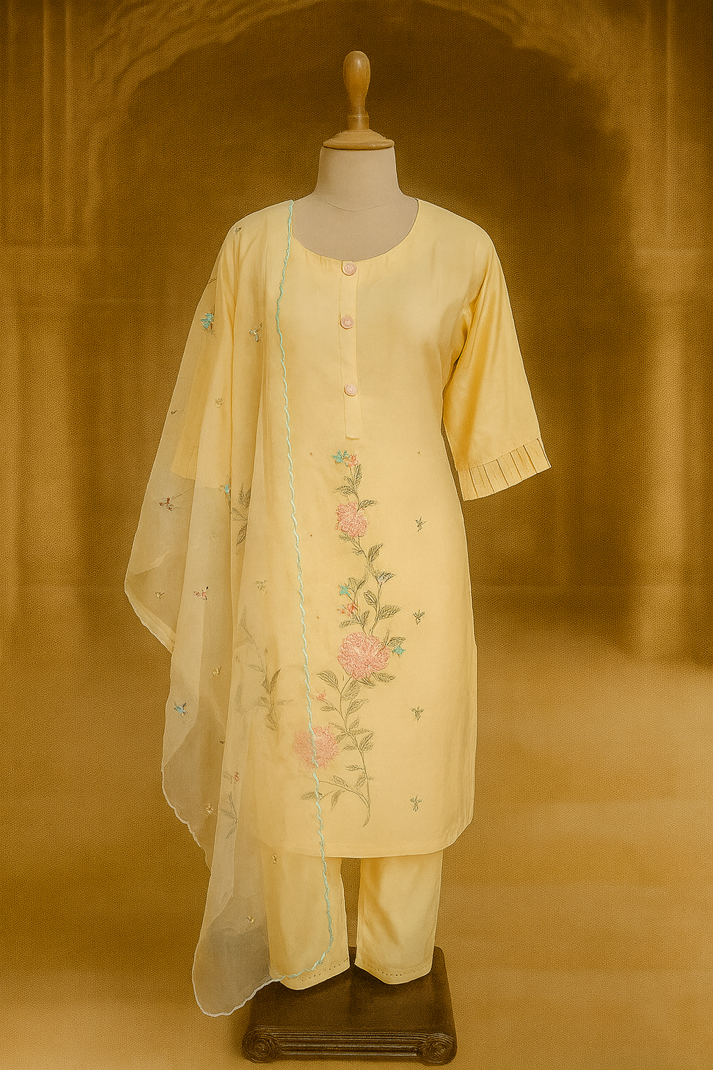 Yellow Rayon Cotton Kurti with Pant & Net Dupatta