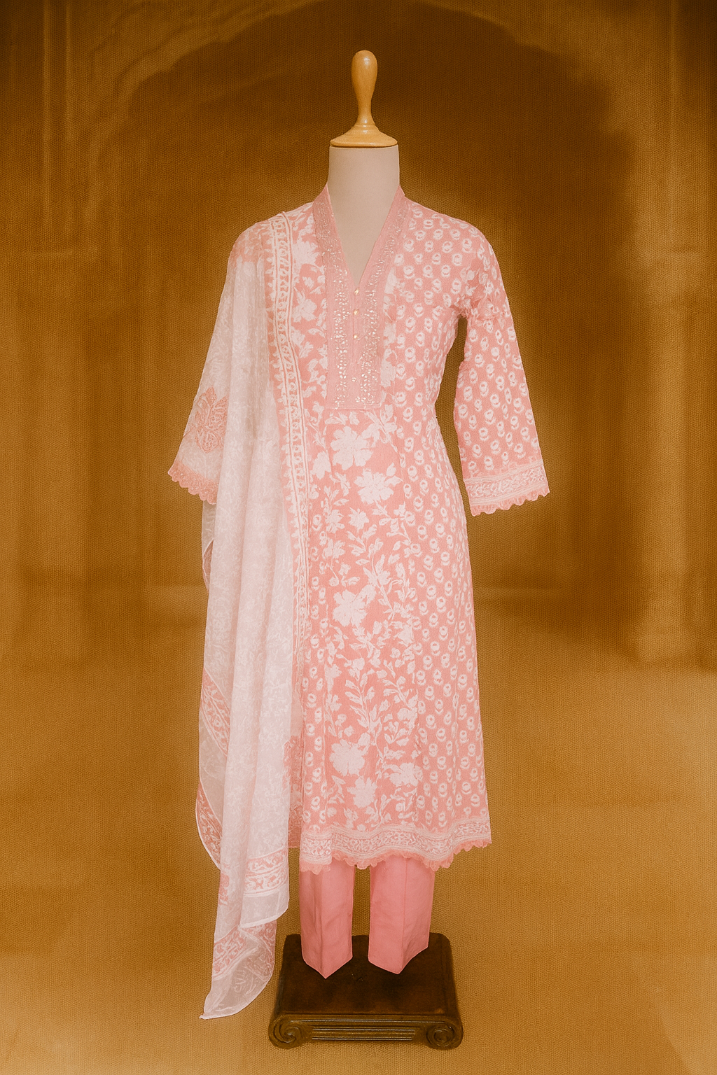 Peach Cotton Frock Suit with Pant & Dupatta