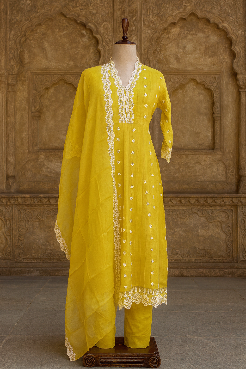 Parrot Green Cotton Frock Suit with Pant & Dupatta