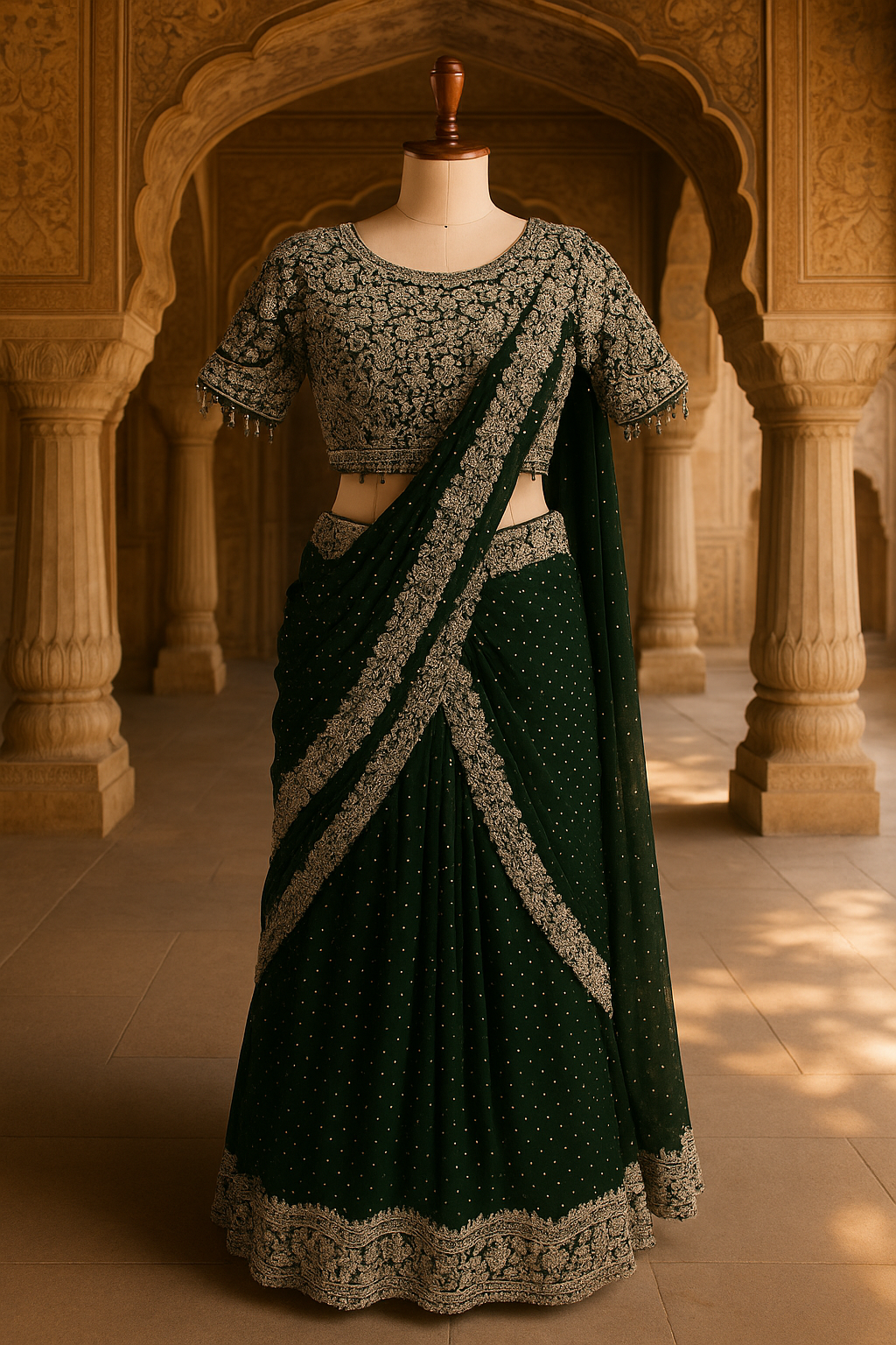 Ready to Wear Saree Lehenga Style in Green
