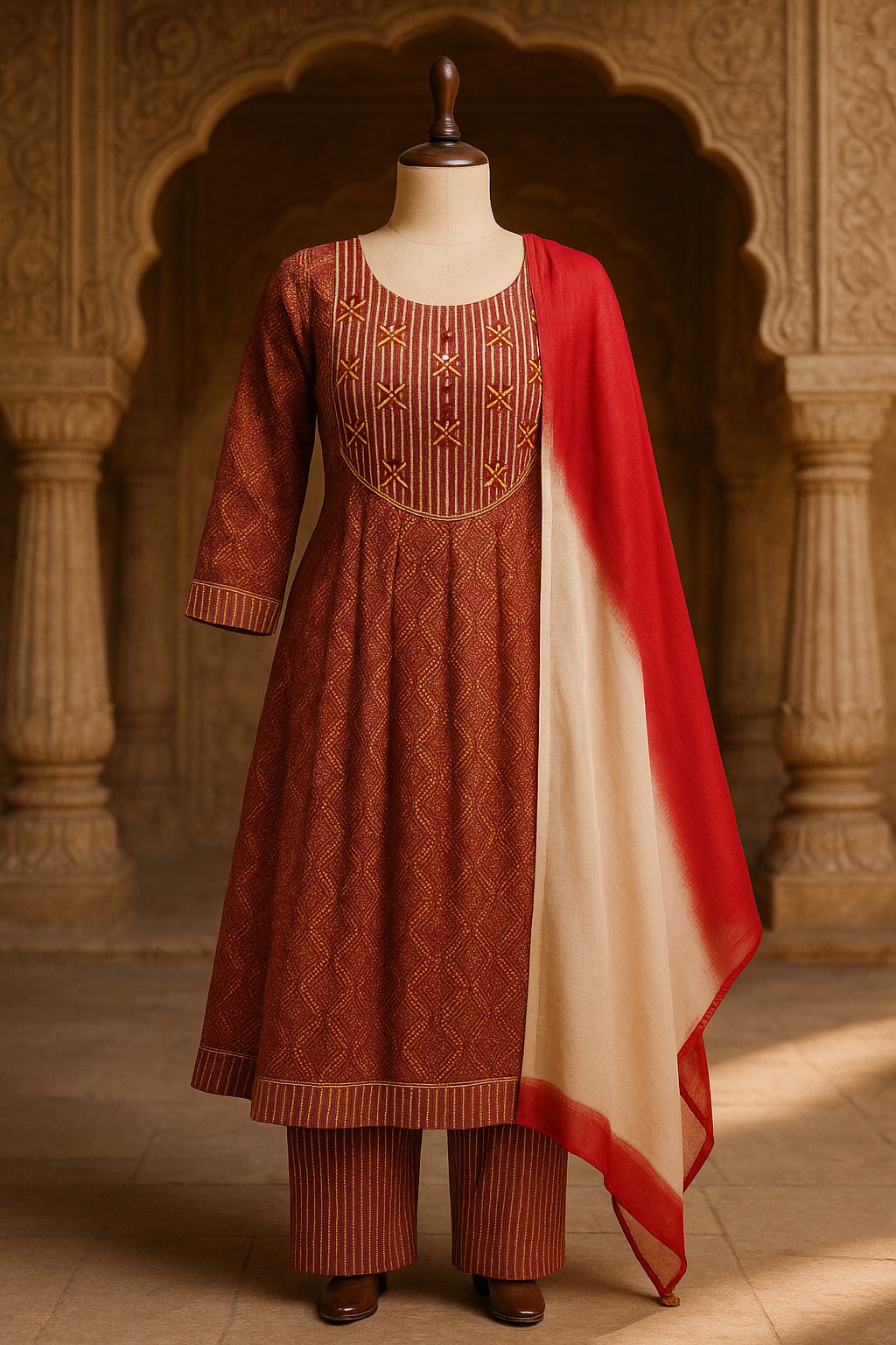 Maroon Cotton Stitched Suit with Chiffon Dupatta
