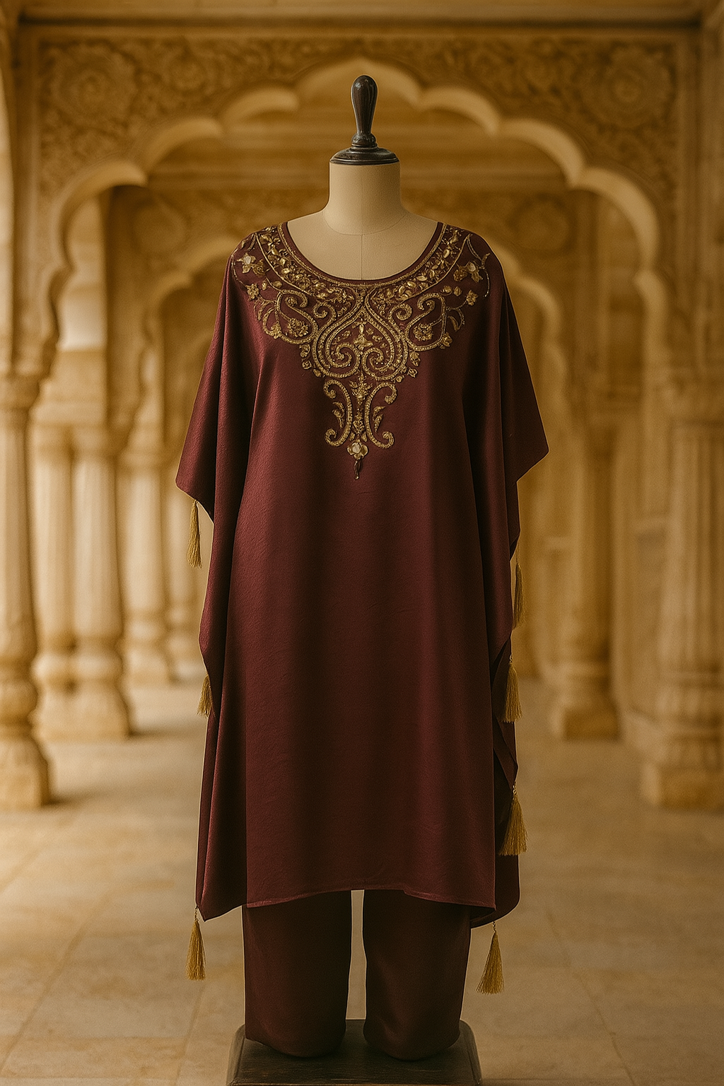 Micro Velvet Kaftan With pant in Wine