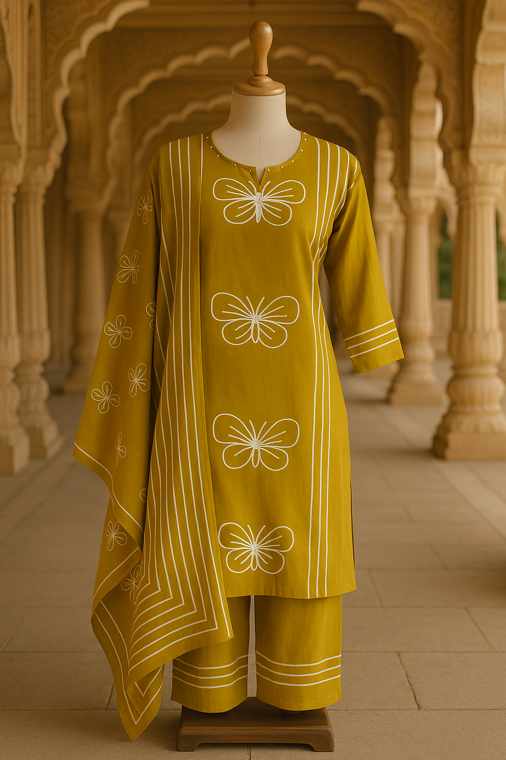 Mustard Cotton Kurti with Palazzo & Dupatta