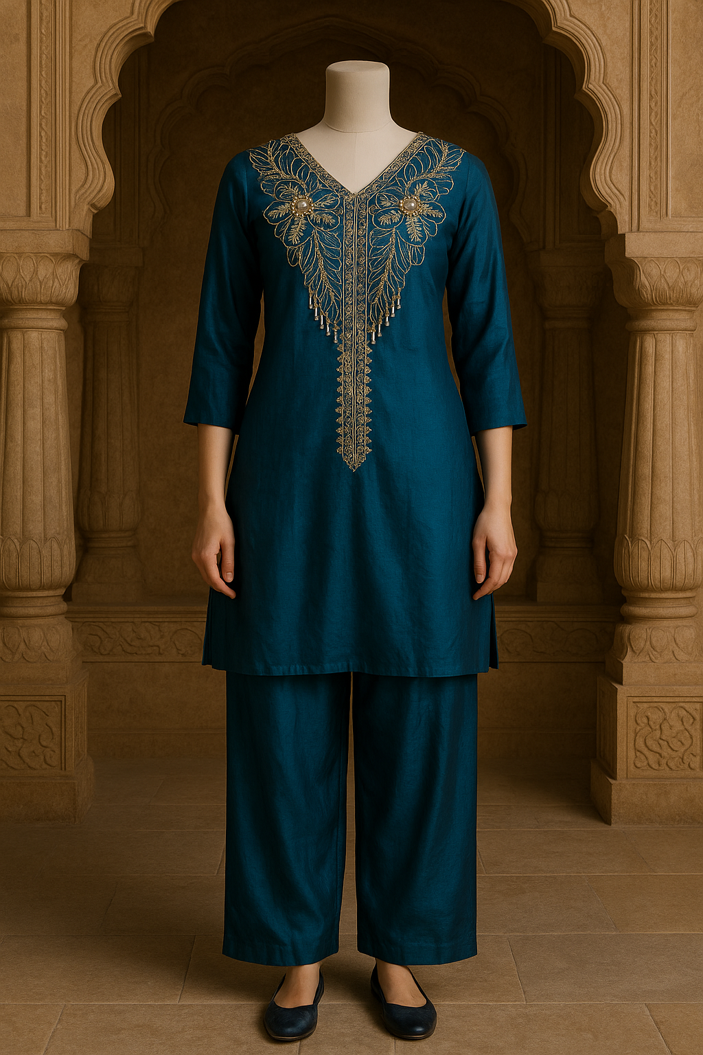Blue Santoon Co-ord Set with Beads & Zari Work