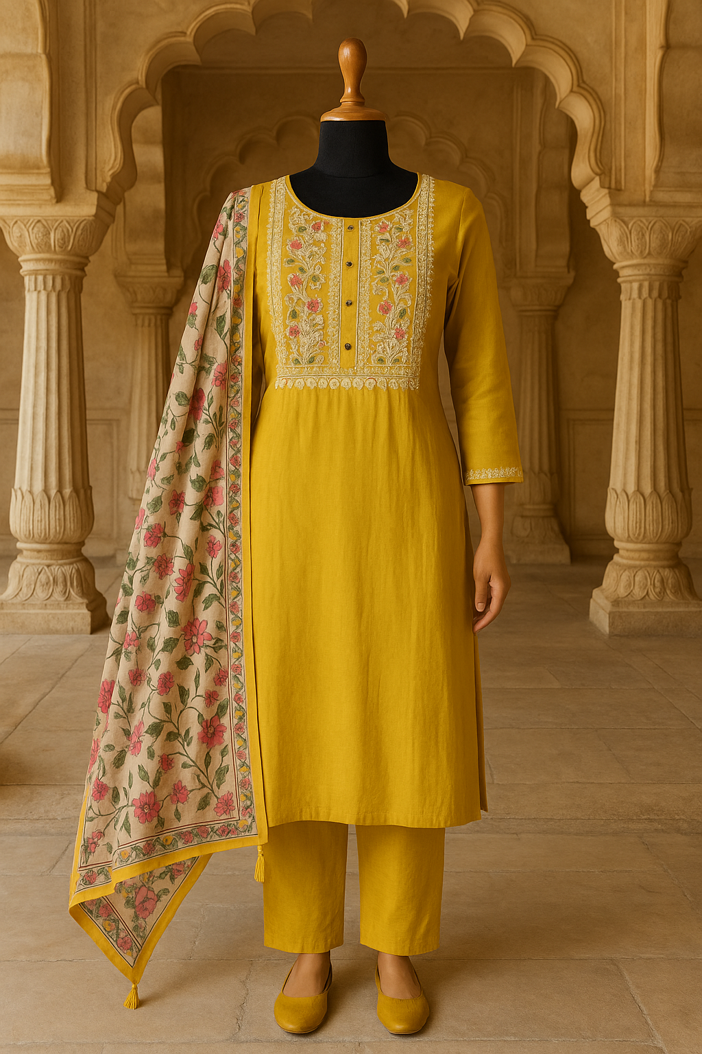 Poly Silk with Yellow Dori Embroidery