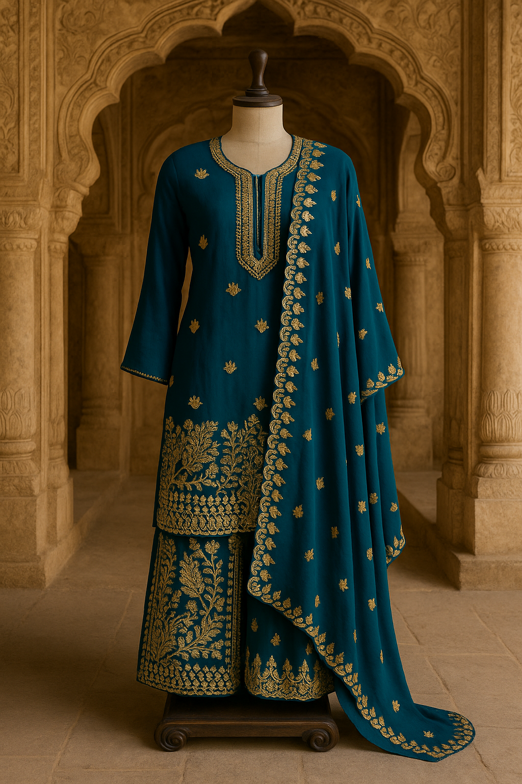 Peacock Blue Suit with Golden Embroidery