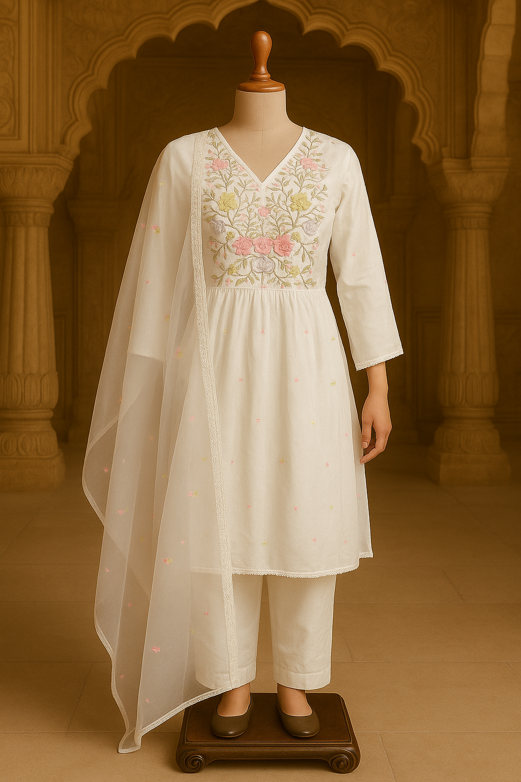 Ivory Hand-Embroidered Cotton Kurta Set