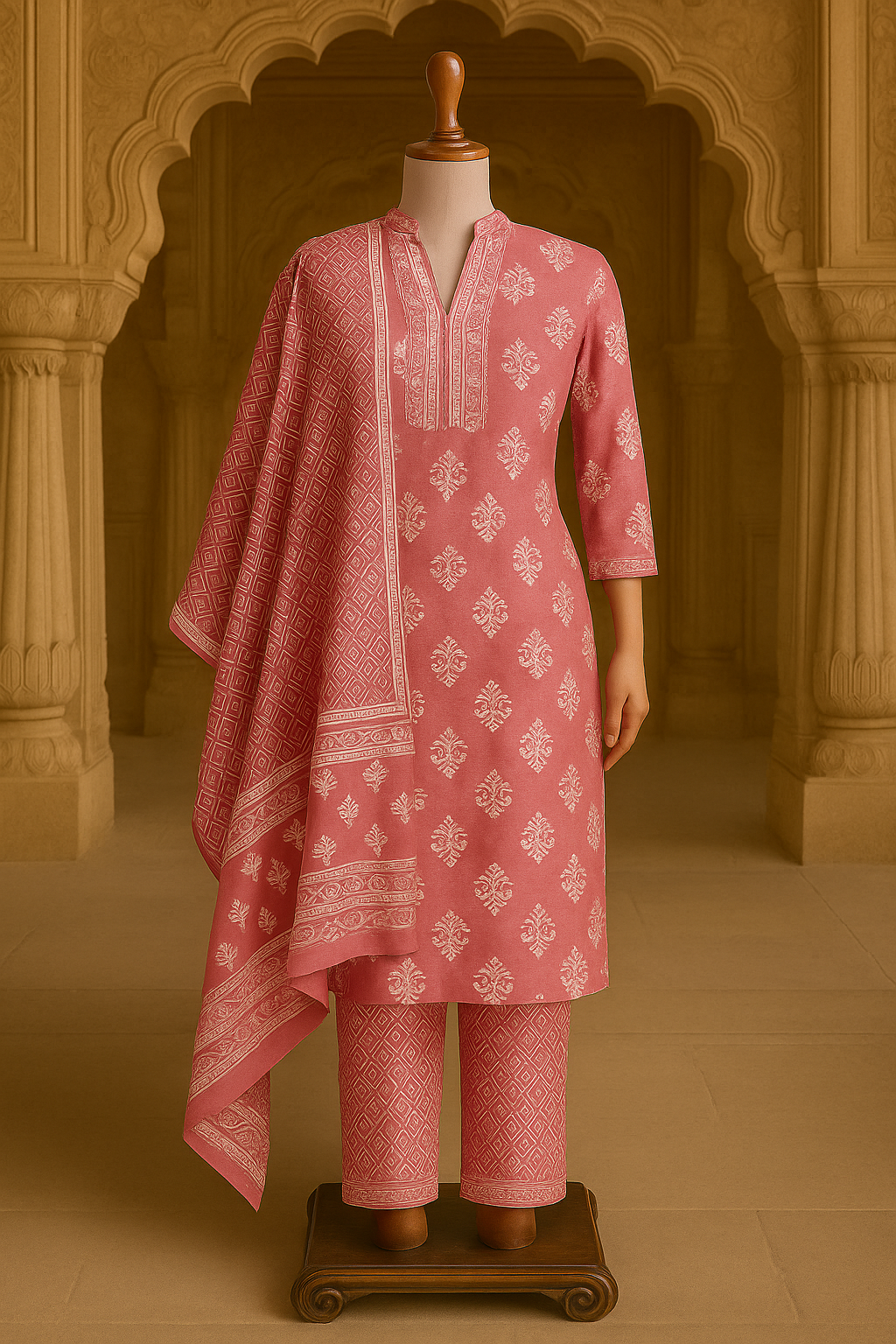 Pink Printed Cotton Suit Set with Matching Dupatta