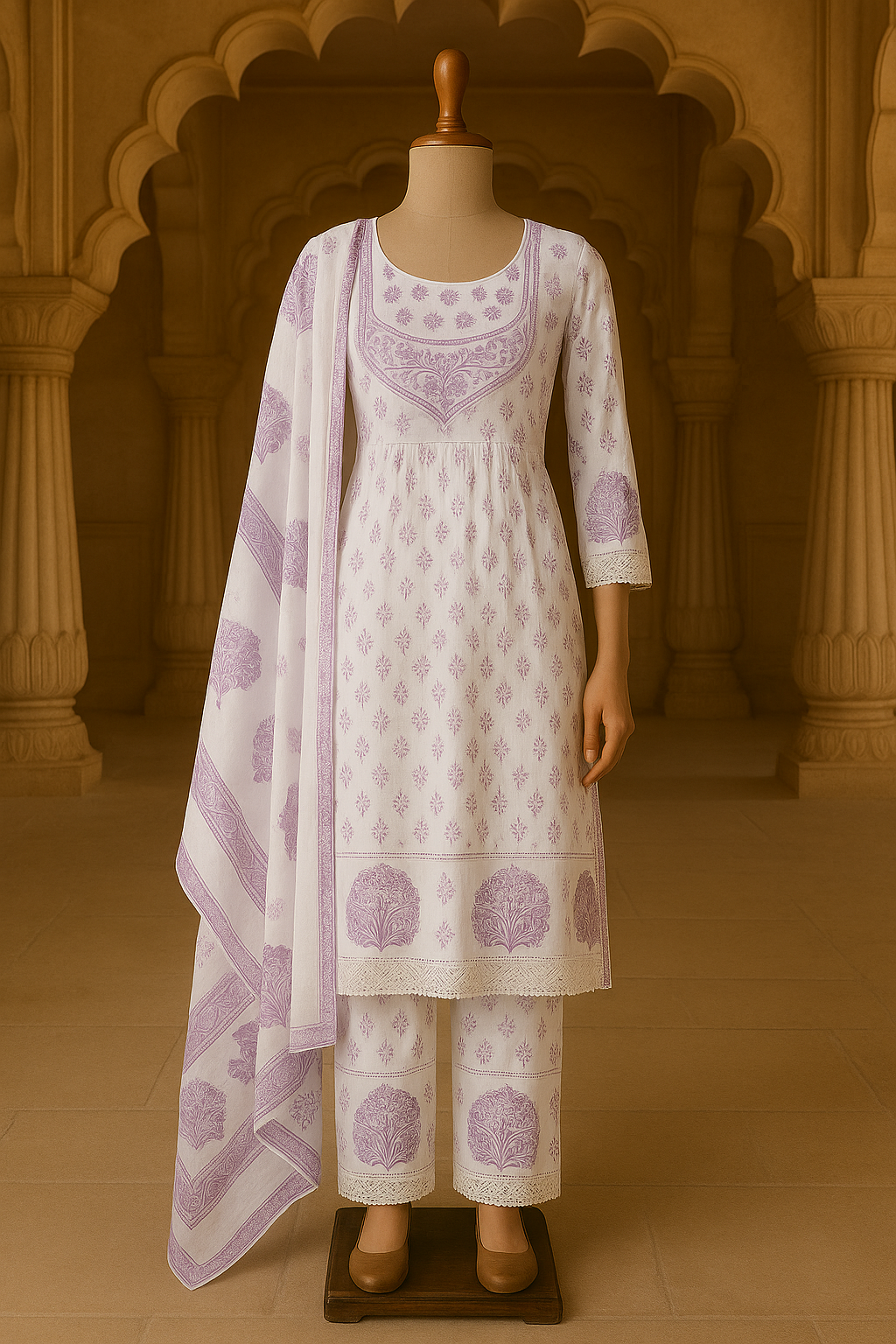 White and Lavender Block Printed Cotton Suit Set