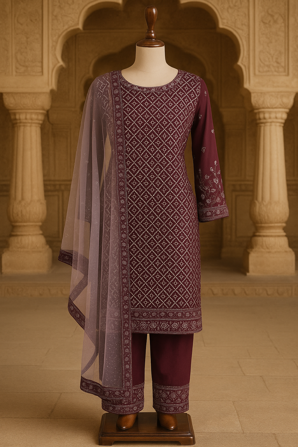 Wine Geometric Suit Set