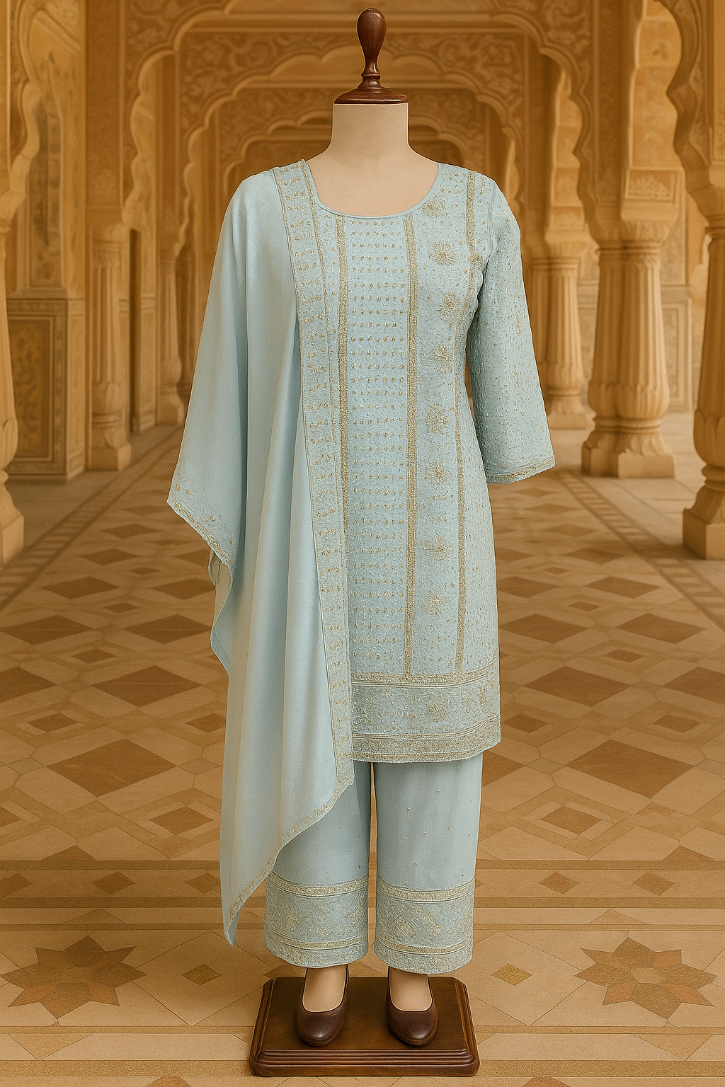 Powder Blue Georgette Kurti with Pant & Dupatta