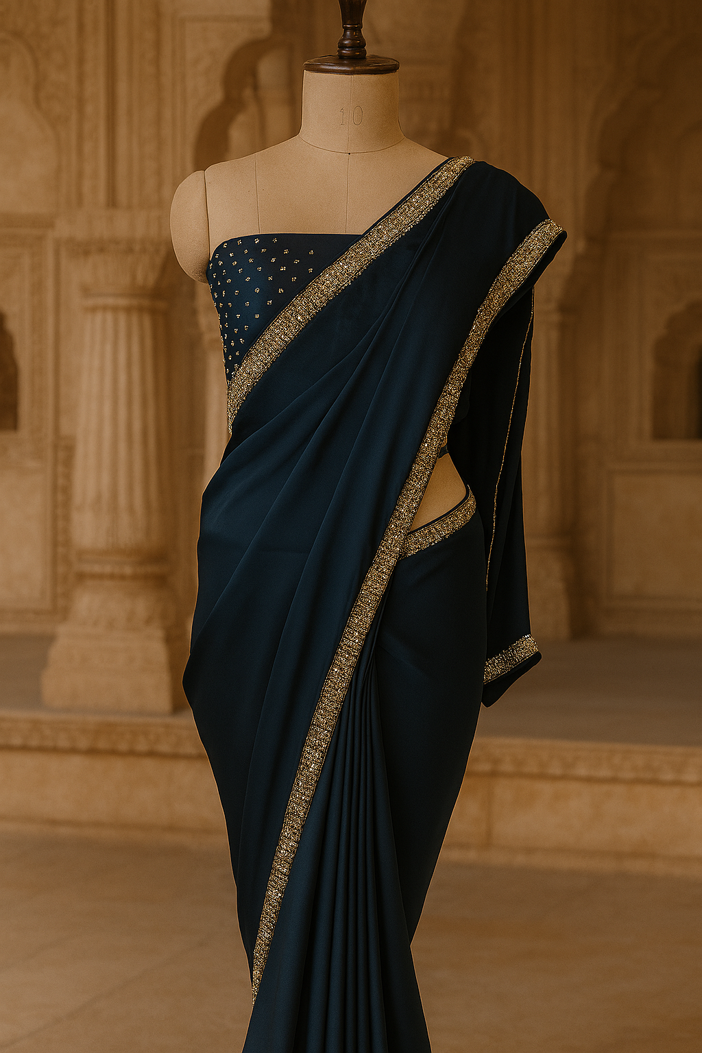 Midnight Blue Satin Saree with Sequined Border