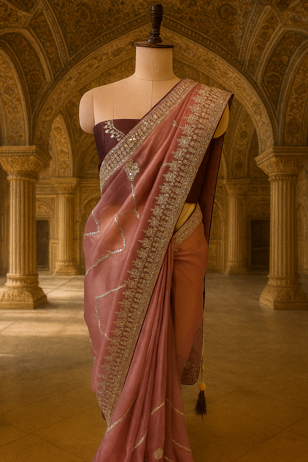 Rose Gold Embroidered Net Saree