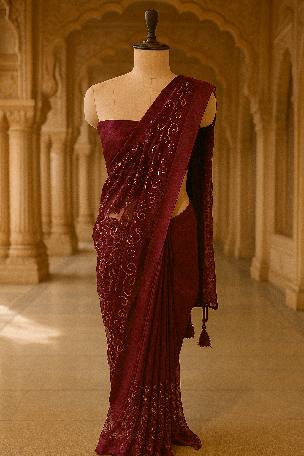 Wine Red Velvet Saree with Sequin Swirl Detailing