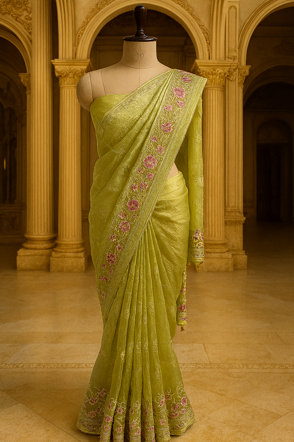 Lime Green Saree with Pink Floral Embroidery