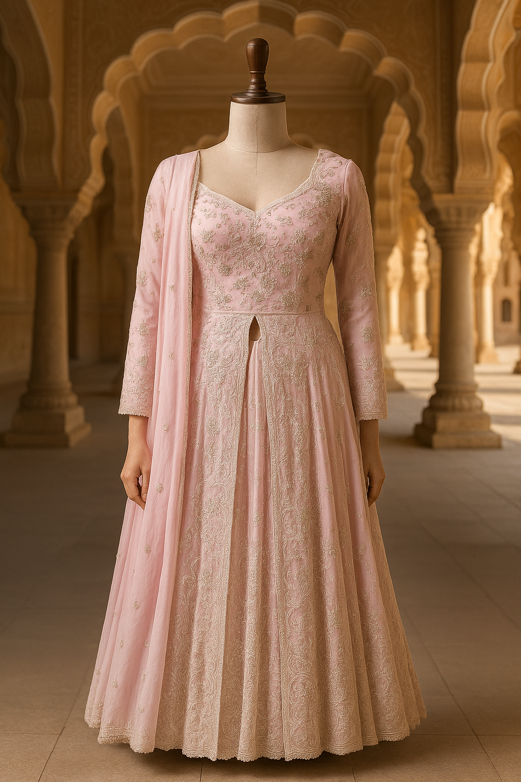Front Slit Anarkali Suit Paired with Lehenga in Pink