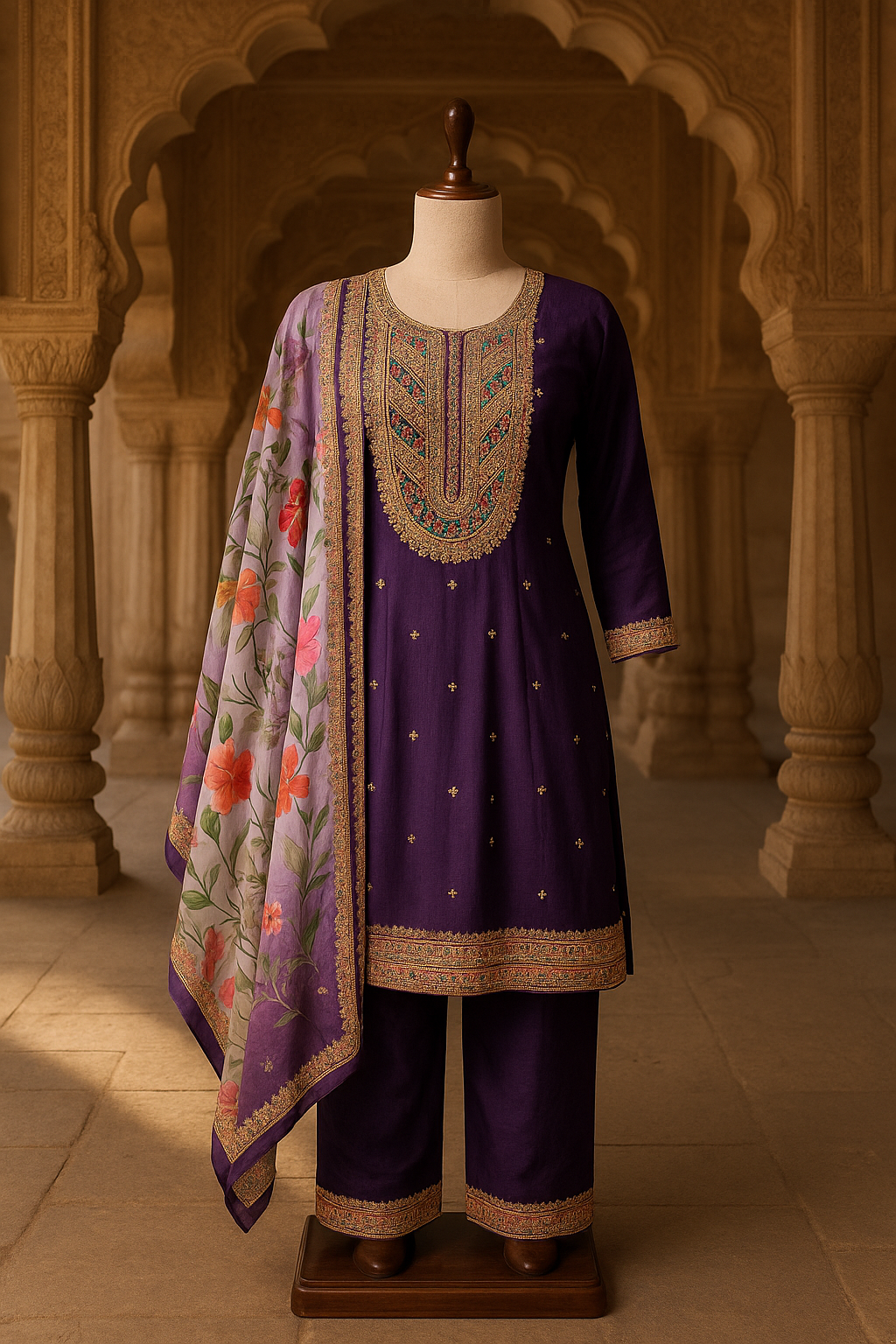 Purple Frock Style Kurti with Pant & Multicolor Organza Dupatta