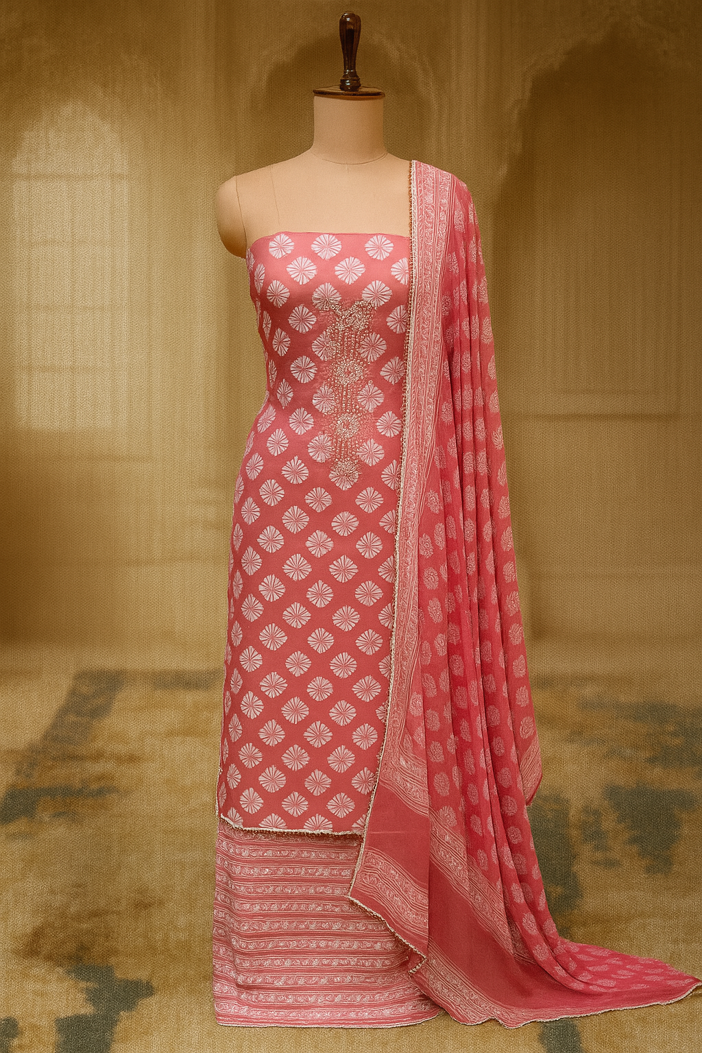 Peach Blossom: Embroidered Cotton Suit Set