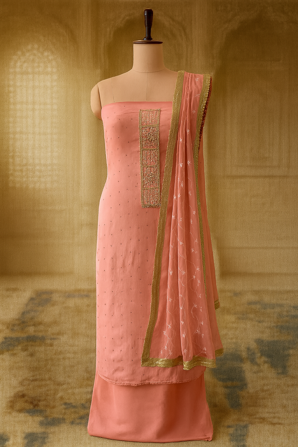 Peach Glint: Chiffon Suit with Gota & Sequin Work
