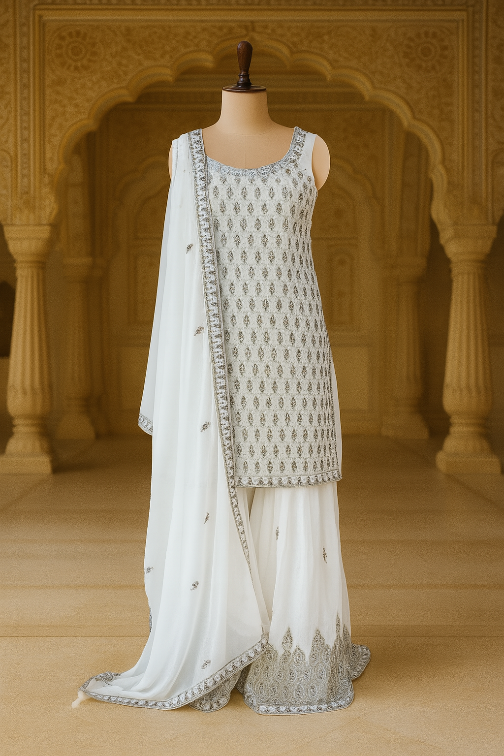 White Georgette Gharara Set