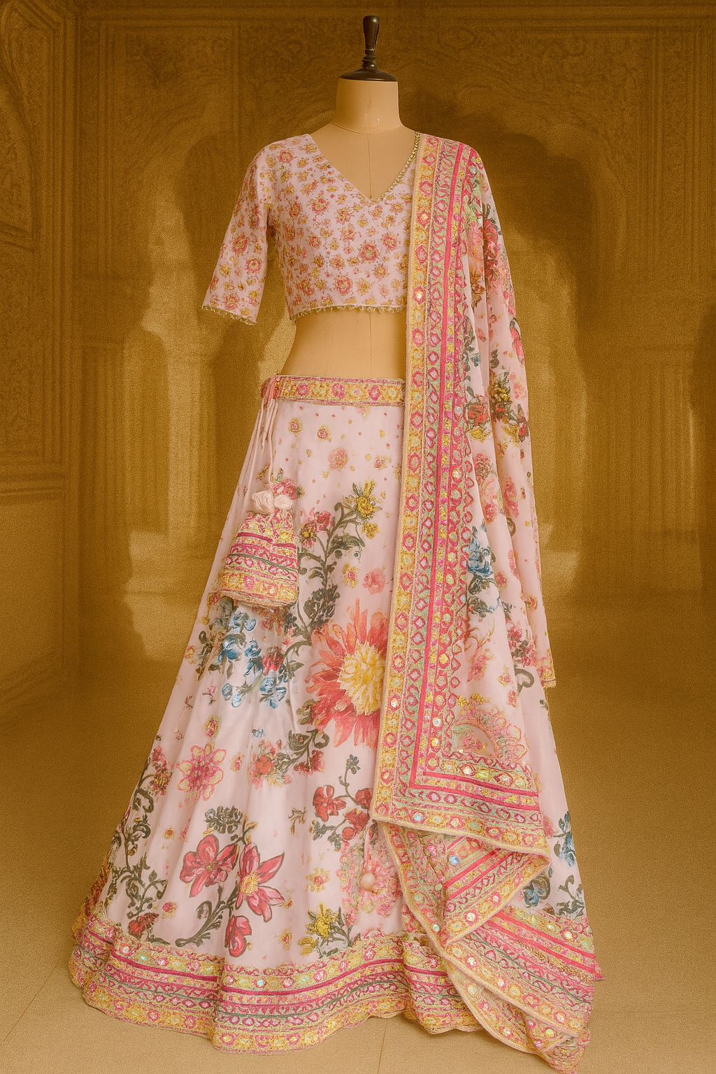 Radiant Pink Satin Crop Top Lehenga