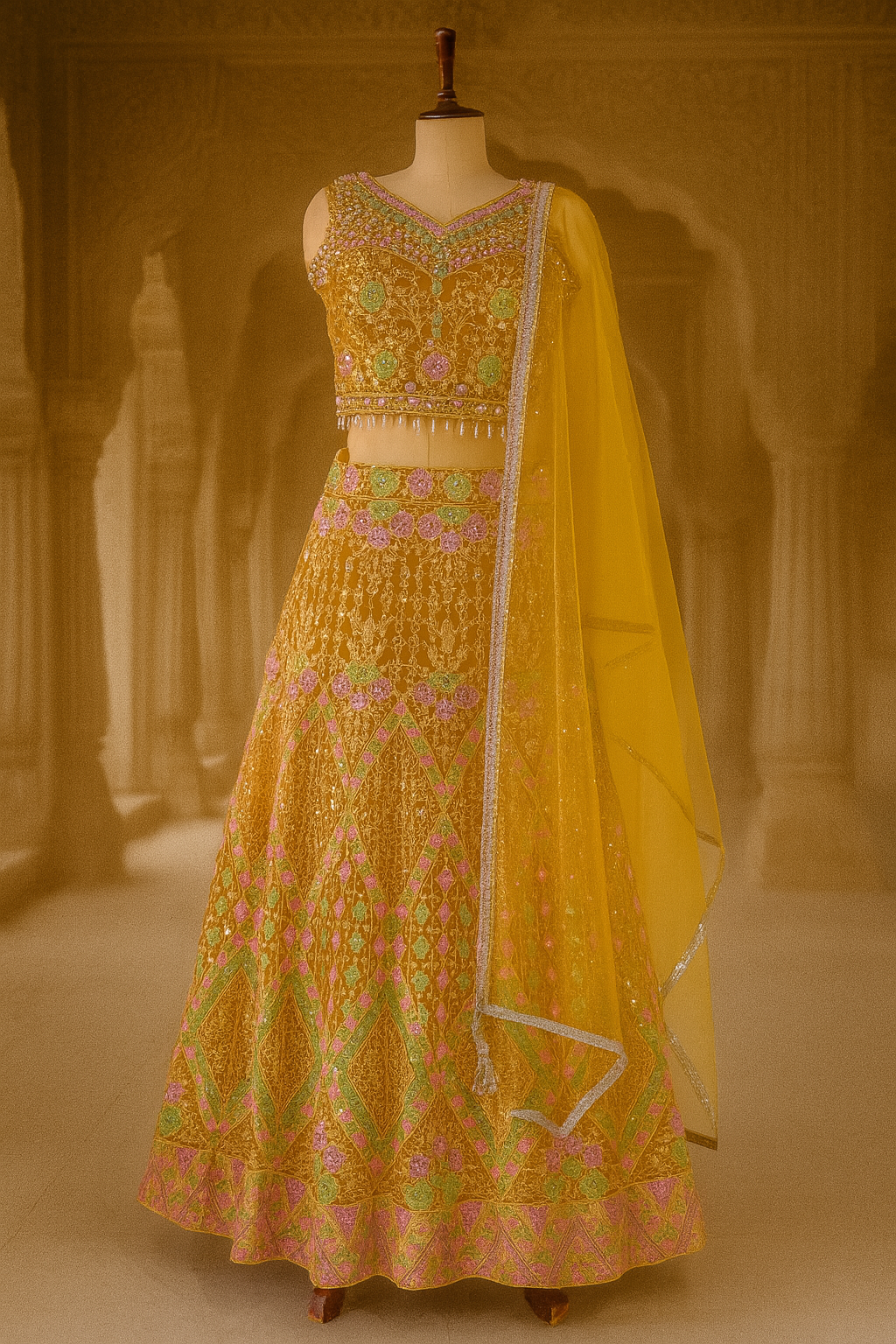 Radiant Yellow Net Crop Top Lehenga