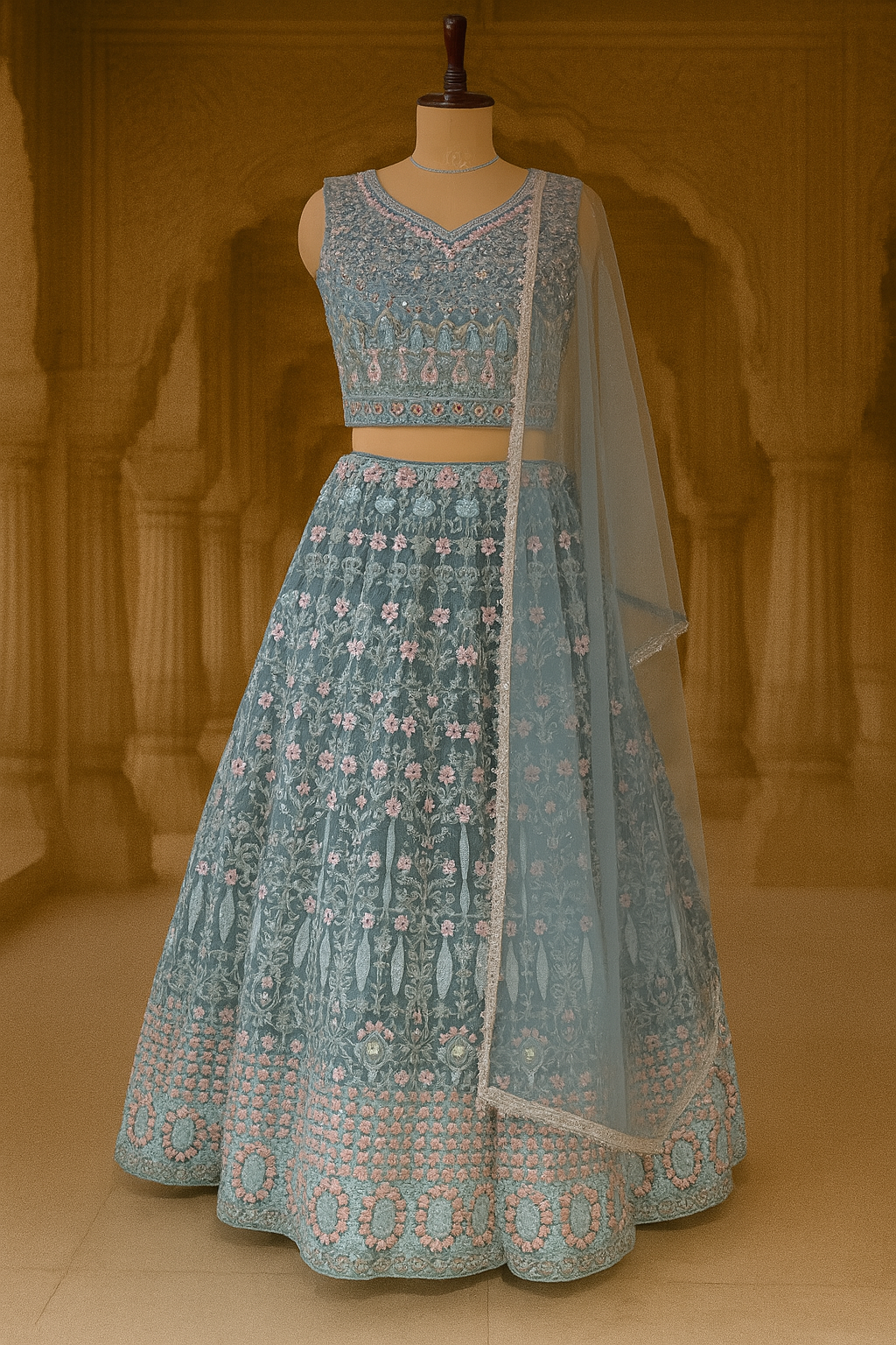 Livid Blue-Grey Net Crop Top Lehenga