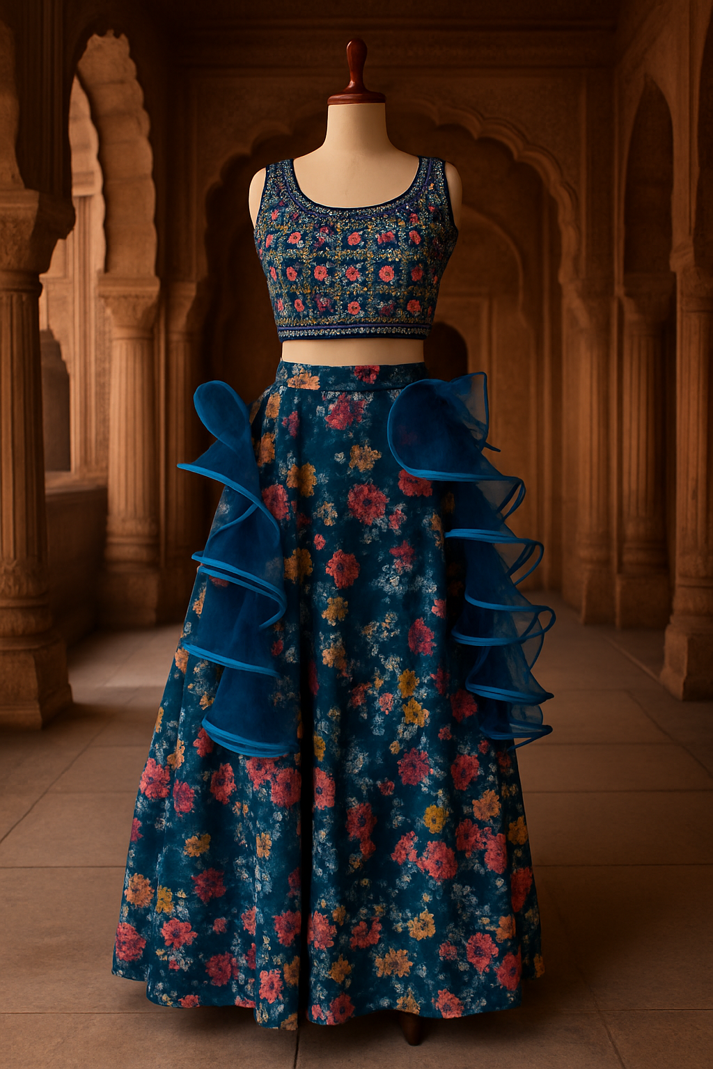 Blue Floral Organza Silk Lehenga