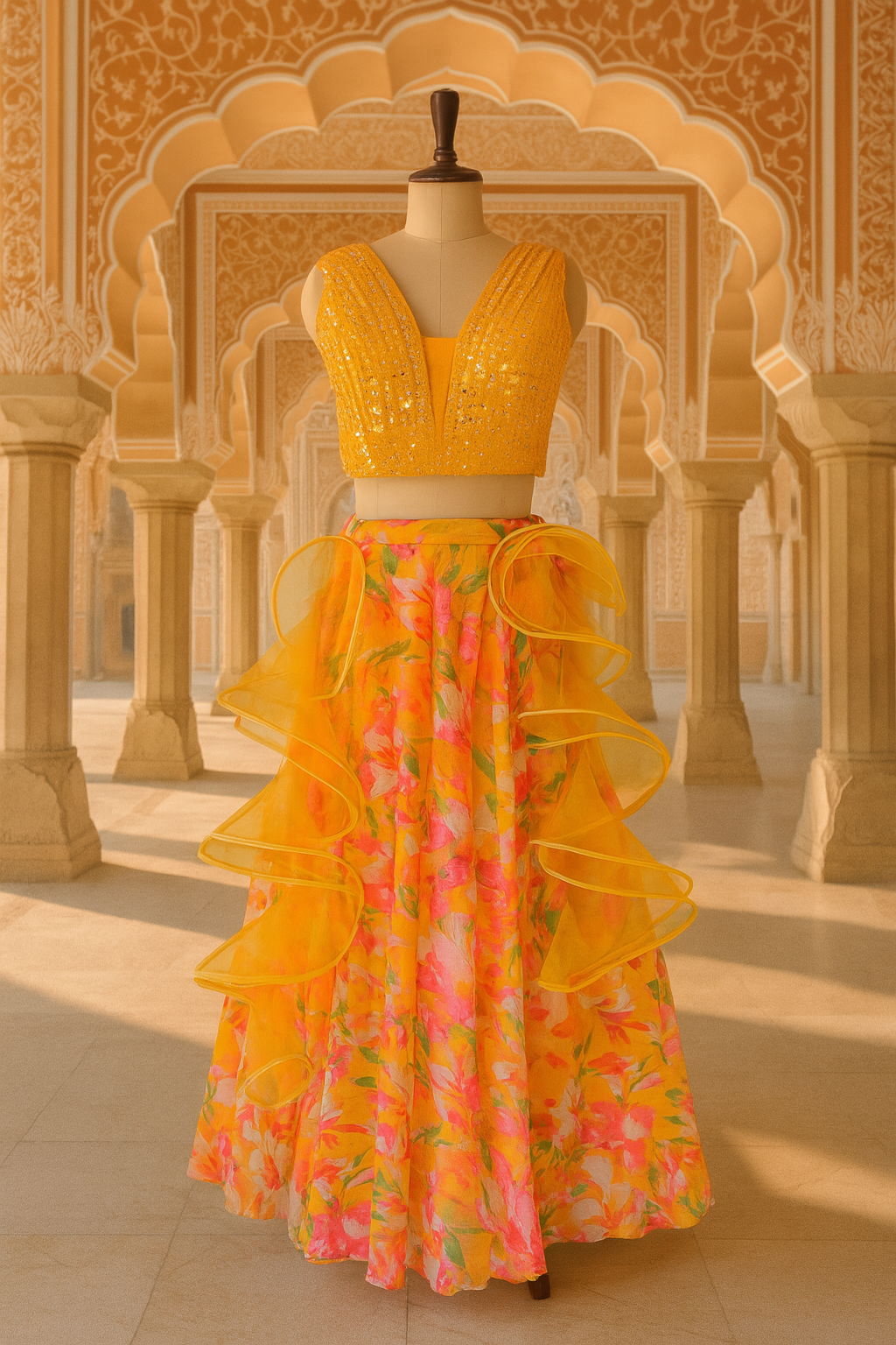 Yellow Floral Crop Top Lehenga