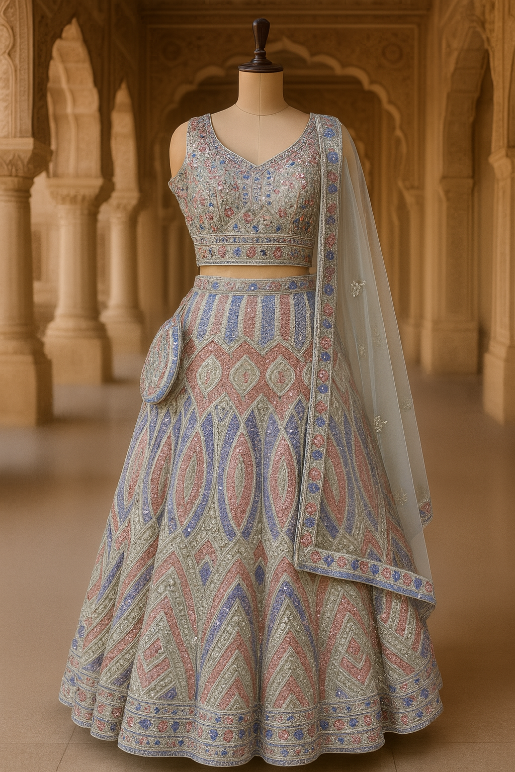 Multi-Colour Embroidered Net Crop Top Lehenga