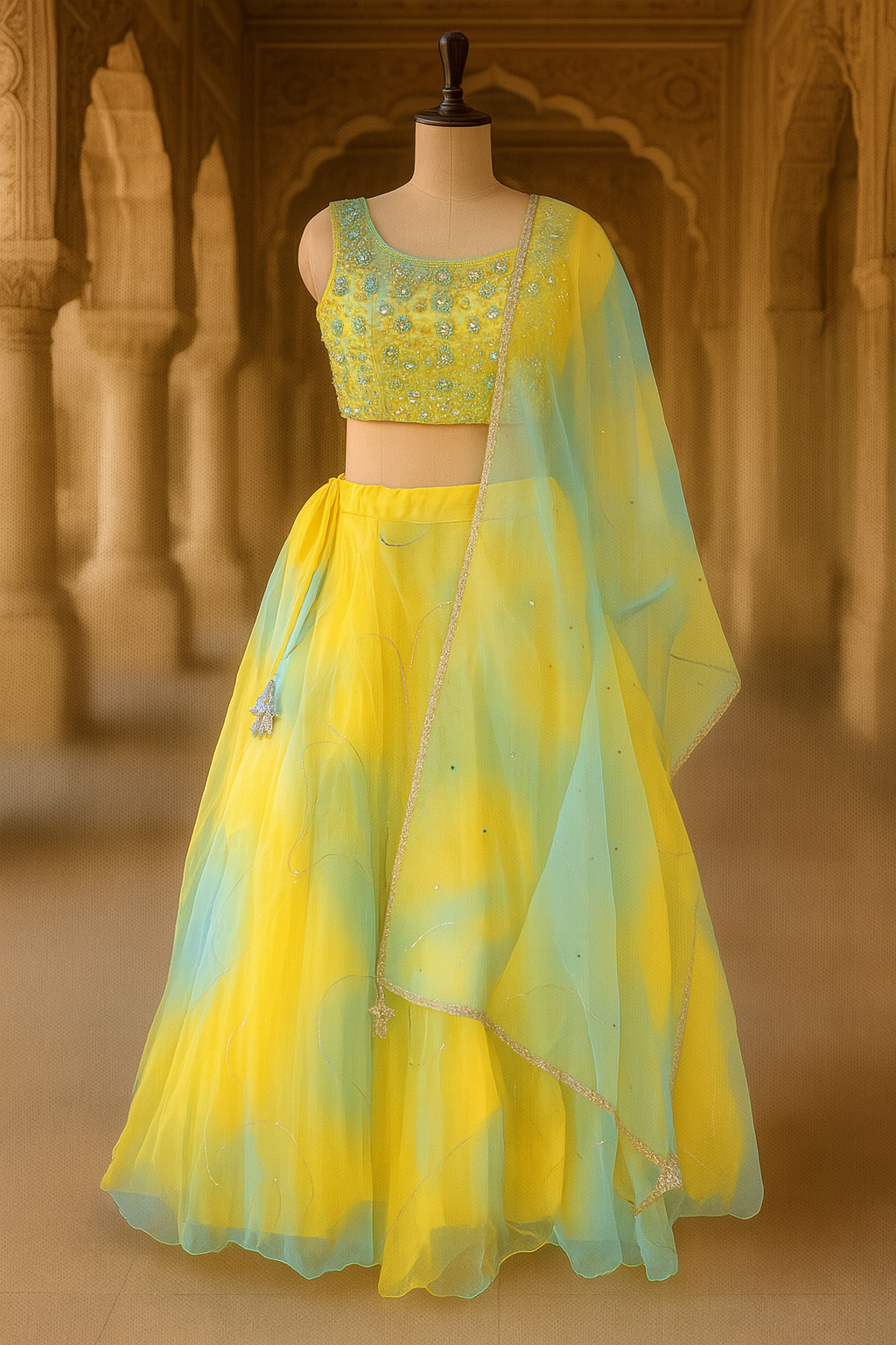 Radiant Yellow-Blue Crop Lehenga