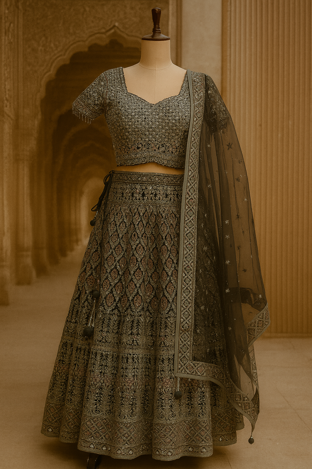 Olive Elegance Net Crop Top Lehenga