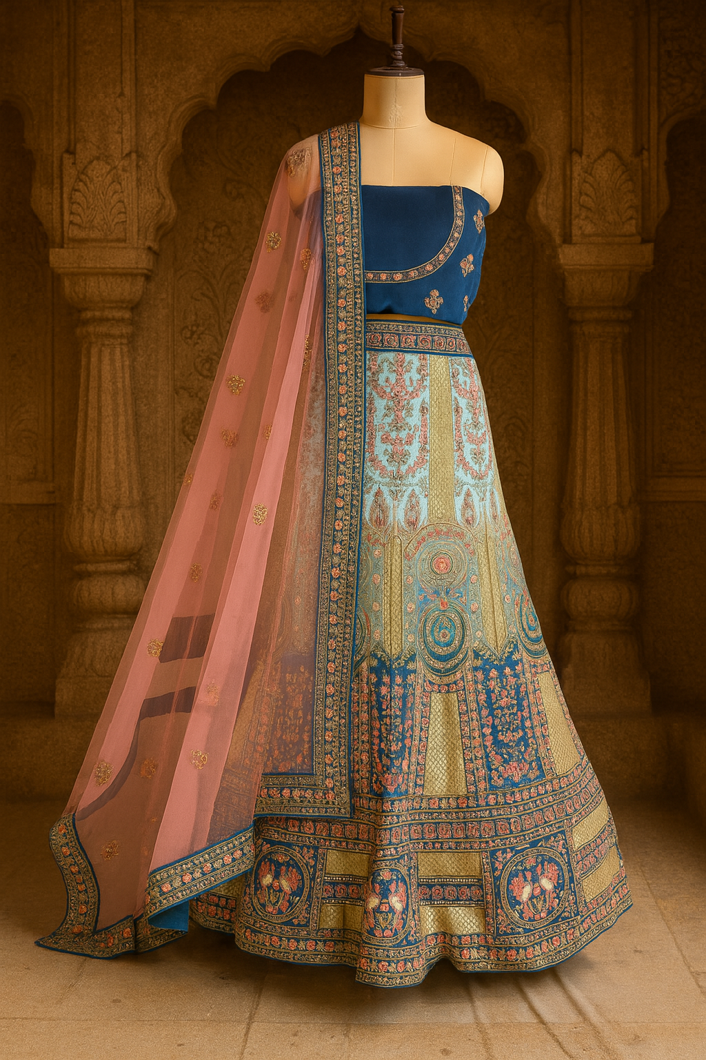 Teal Blue Velvet Bridal Lehenga