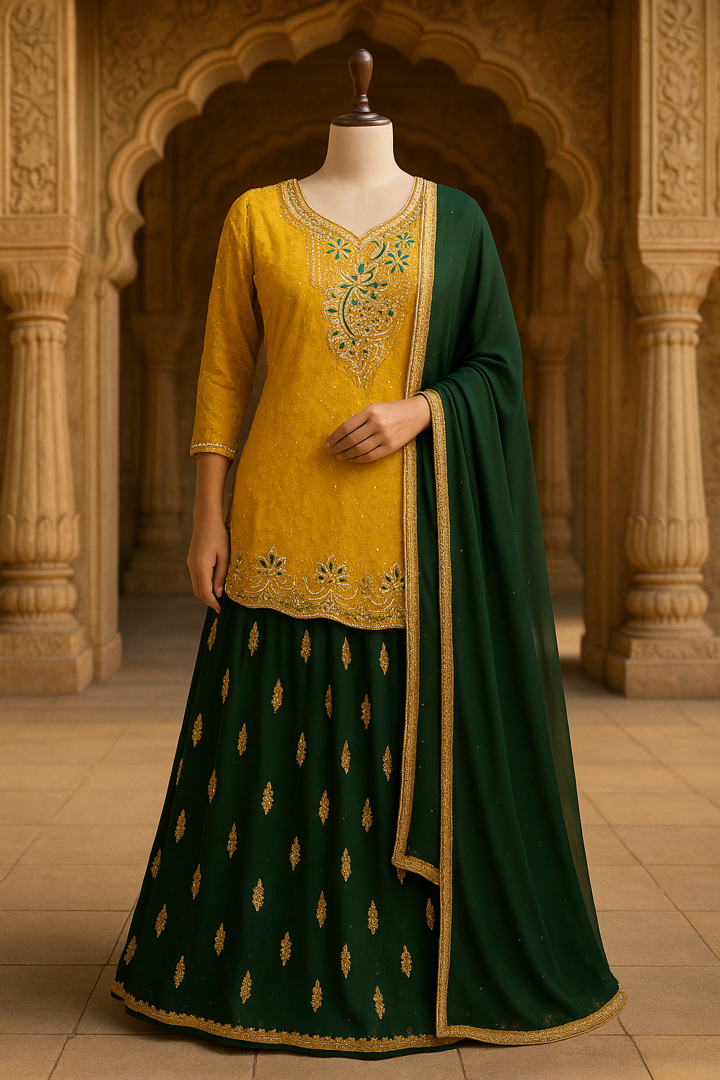 Mustard Green Kurti Lehenga Set