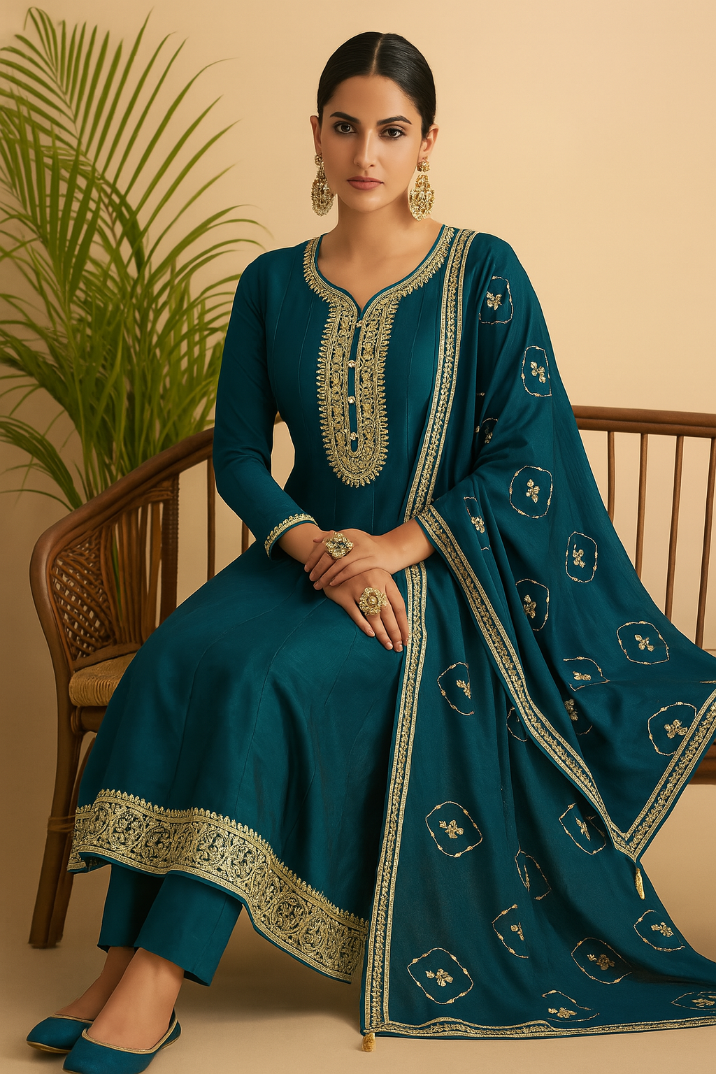 Floor Length Frock Style Suit in Chinnon with Zari Work
