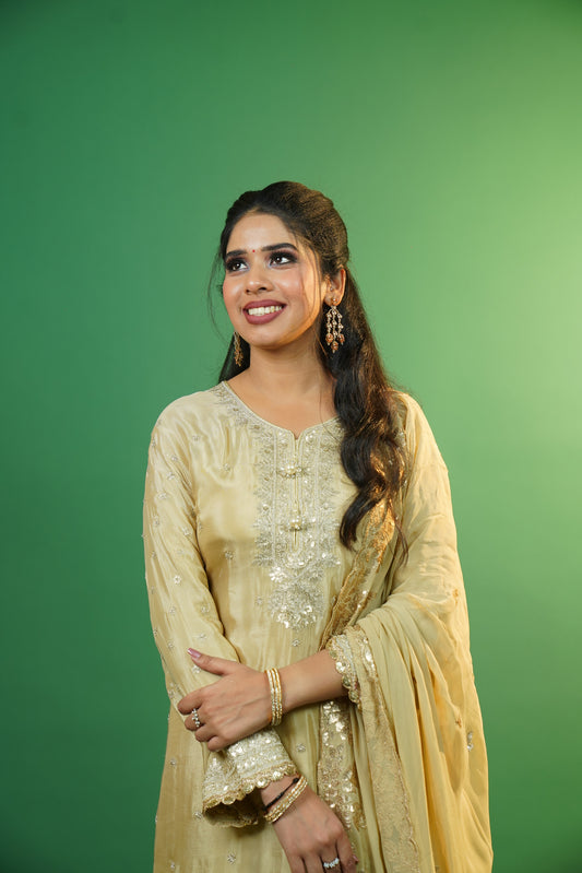 Beige Kurti With Gharara Suit Set