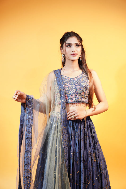 Navy Blue Crop Top Lehenga