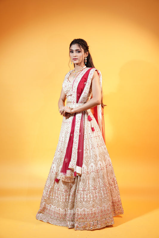 Off White Lehenga with Pink Dupatta