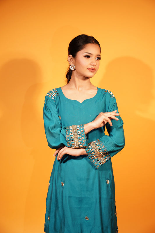 Blue Cord Set Kurti & Pant