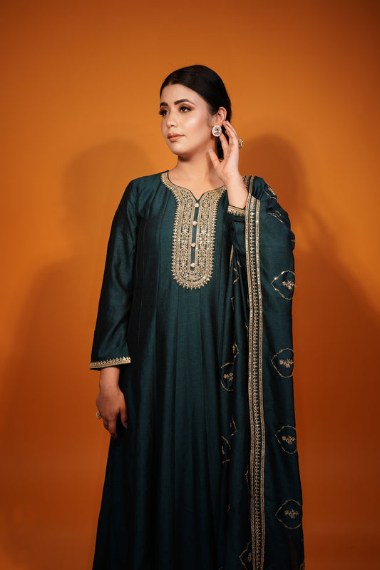 Green Floor Length Frock Style Suit