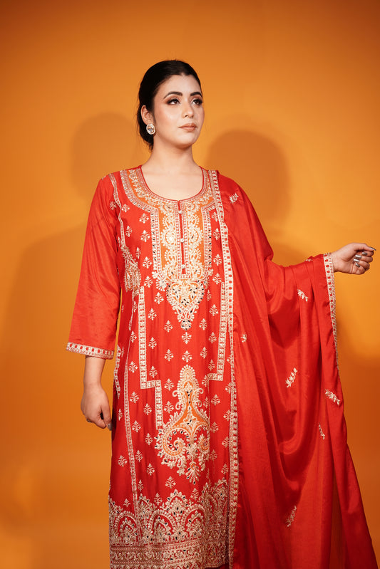 Red Kurti Plazzon With Duppatta