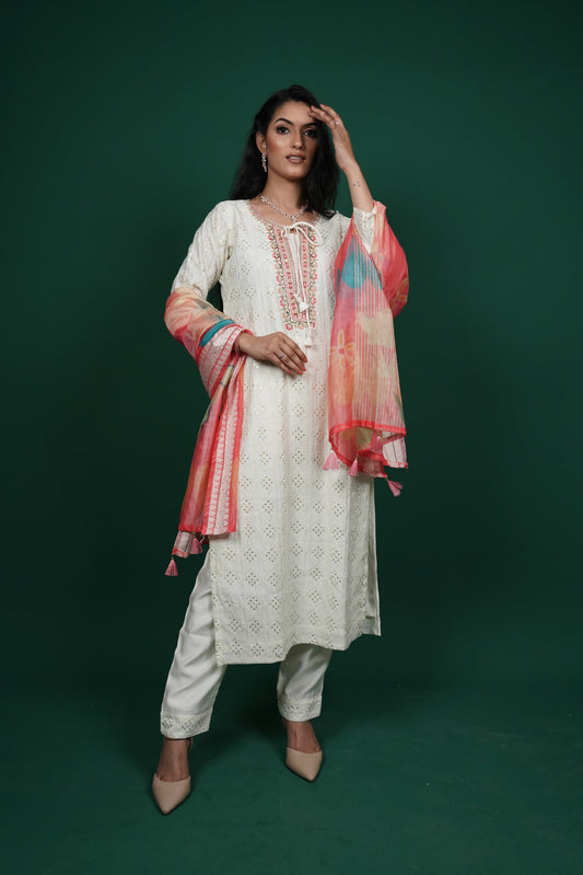 Off-White Chikankari Kurti Set with Multicolored Dupatta